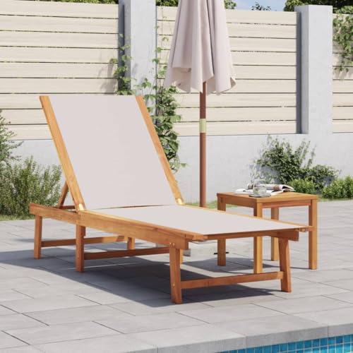QJBSAVVA Sonnenliege mit Tisch Grau Massivholz Akazie und Textilene 5 Fach verstellbare Rückenlehne Robuste Gartenliege für Strand Balkon und Camping von QJBSAVVA