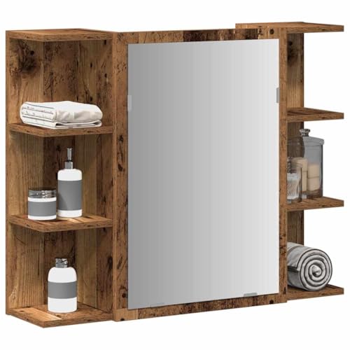 QJBSAVVA Spiegelschrank Badschrank Modernes Design Altholz-Optik 80 x 20,5 x 64 cm Holzwerkstoff mit 6 offenen Fächern und 2 geschlossenen Fächern für Badezimmer von QJBSAVVA
