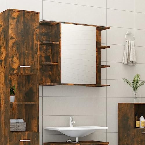 QJBSAVVA Spiegelschrank Räuchereiche 80x20,5x64 cm Moderner Badschrank mit 6 offenen Fächern und 2 Türfächern Robuster Holzwerkstoff für Badezimmer und WC QJBSAVVA Spiegelschrank Räuchereiche 80x20,5x64 cm Moderner Badschrank mit 6 offenen Fächern und 2 Türfächern Robuster Holzwerkstoff für Badezimmer und WC von QJBSAVVA