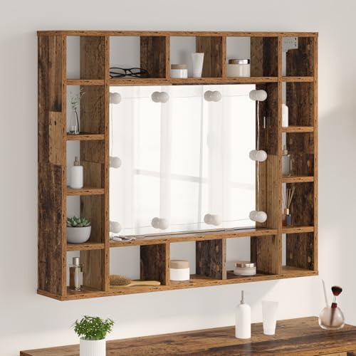 QJBSAVVA Spiegelschrank mit LED Beleuchtung Altholz 91 x 15 x 76.5 cm Moderner Badezimmerschrank mit Stauraum Platzsparend für Bad Flur und WC von QJBSAVVA