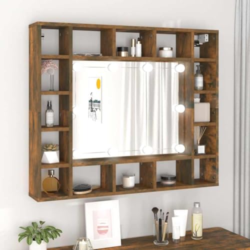 QJBSAVVA Spiegelschrank mit LED Beleuchtung Räuchereiche 91 x 15 x 76 5 cm Moderner Badschrank mit 16 Fächern USB Anschluss und Wandmontage für Badezimmer von QJBSAVVA