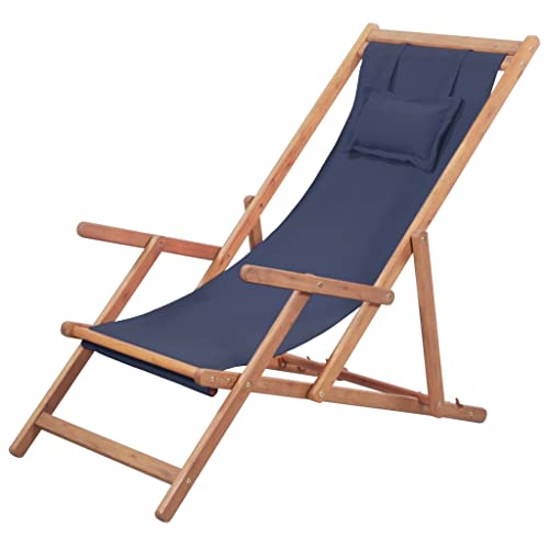 QJBSAVVA Strandstuhl Klappbar aus Eukalyptusholz mit Blauem Polyesterstoff 60 x 127 cm Leichter Campingstuhl für Garten Balkon und Strand 3-Fach Verstellbar von QJBSAVVA