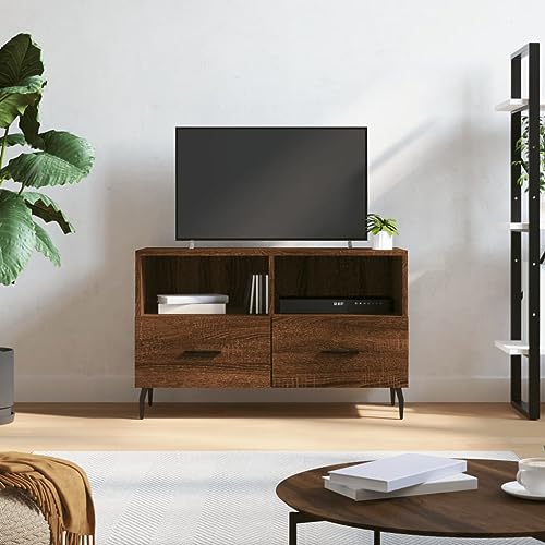 QJBSAVVA TV Schrank Braun Eichen-Optik 80x36x50 cm aus Holzwerkstoff & Eisen - Moderner Fernsehschrank mit 2 Fächern & 2 Schubladen für Wohnzimmer von QJBSAVVA