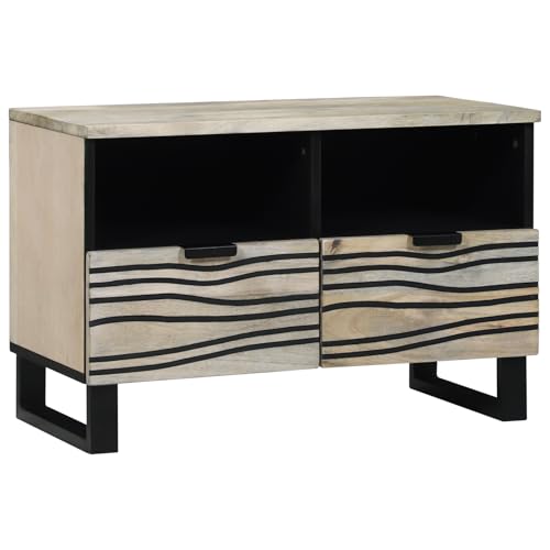 QJBSAVVA TV Schrank Lowboard Sideboard Weiß Schwarz Massivholz Mango mit Eisenrohrbeinen 70x33.5x46cm Rustikales Design Geräumige Schubladen für Wohnzimmer von QJBSAVVA