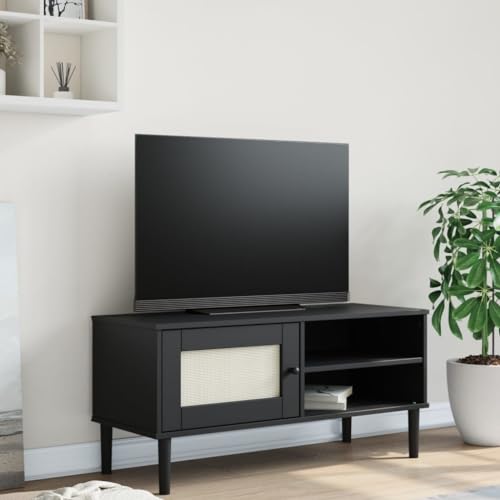 QJBSAVVA TV-Schrank SENJA aus massivem Kiefernholz mit Rattan-Optik Schwarz 106x40x49 cm moderner Fernsehschrank für Wohnzimmer mit Stauraum von QJBSAVVA