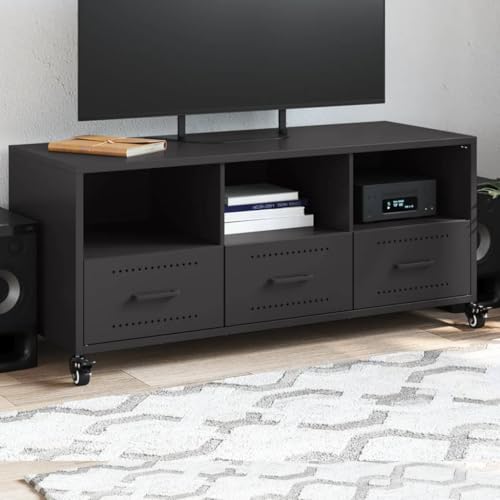 QJBSAVVA TV Schrank Schwarz aus kaltgewalztem Stahl mit 3 Schubladen und Rollen, moderner TV Unterschrank für Wohnzimmer mit viel Stauraum QJBSAVVA TV Schrank Schwarz aus kaltgewalztem Stahl mit 3 Schubladen und Rollen, moderner TV Unterschrank für Wohnzimmer mit viel Stauraum von QJBSAVVA