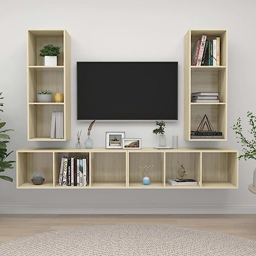 QJBSAVVA TV Schrank Set 4 Stück Sonoma-Eiche Holzwerkstoff Modernes Design Hängbar oder Stehend für Wohnzimmer und Wohnwand von QJBSAVVA