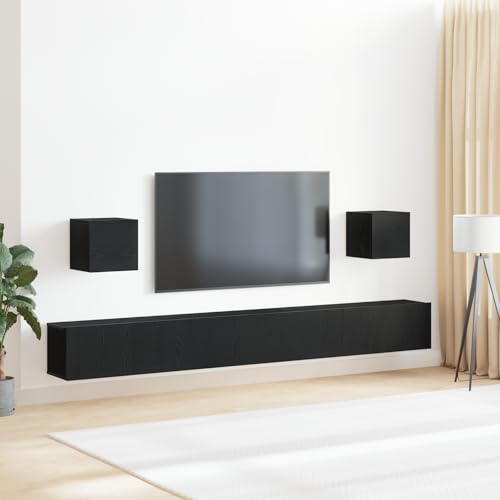 QJBSAVVA TV-Schrank Set 7-teilig Schwarz Eiche Holzwerkstoff Lowboard mit TV-Ständer und Wandschränken für Wohnzimmer Modernes Design Matt Oberfläche Rechteckig von QJBSAVVA