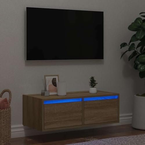 QJBSAVVA TV Schrank mit LED Beleuchtung Holzwerkstoff Sonoma-Eiche 75x35,5x25 cm Modernes Design mit RGB-LEDs und reichlich Stauraum für Wohnzimmer von QJBSAVVA