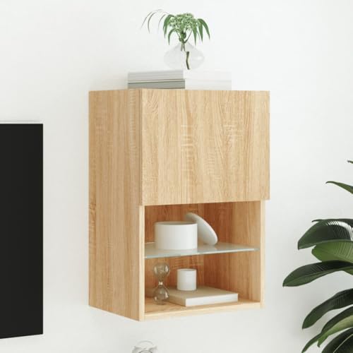 QJBSAVVA TV Schrank mit RGB LED Beleuchtung, Holzwerkstoff & Glas in Sonoma-Eiche, 40.5x30x60 cm, Moderner TV Ständer mit Wandmontage für Wohnzimmer von QJBSAVVA