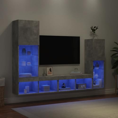 QJBSAVVA TV Schrank mit RGB LED Beleuchtung Betongrau Holzwerkstoff Modernes Design Wohnwand für Wohnzimmer Stauraum von QJBSAVVA