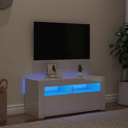 QJBSAVVA TV Schrank mit RGB LED Beleuchtung Hochglanz Weiß Moderner Fernsehschrank aus Holzwerkstoff 90x35x40 cm für Wohnzimmer von QJBSAVVA