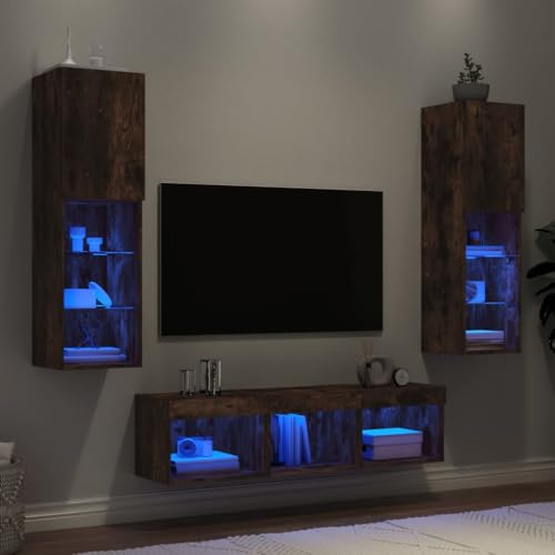 QJBSAVVA TV Schrank mit RGB LED Beleuchtung Räuchereiche Holzwerkstoff Modernes Design Wandmontage Wohnwand für Wohnzimmer von QJBSAVVA