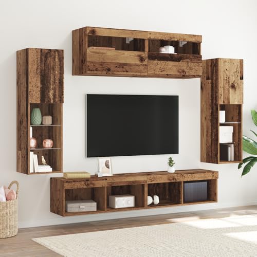 QJBSAVVA TV Sideboard mit LED-Beleuchtung 8 Stück Altholz TV Schrank Braun Wohnzimmermöbel mit Erweiterungsmöglichkeit von QJBSAVVA