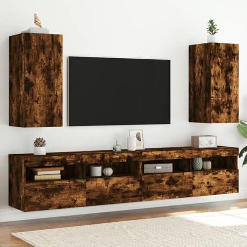 QJBSAVVA TV-Wandschränke mit LED-Leuchten 2 STK, Sideboard Holz Tv Regal Fernsehtisch Hoch Tv Schrank Geeignet für Schlafzimmer Den Flur Fernseher Wohnzimmer Räuchereiche von QJBSAVVA