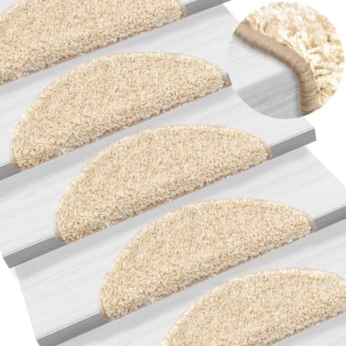 QJBSAVVA Treppenmatten Set 15 Stück Creme 56x17x3 cm Antirutsch Stufenmatten aus 100% PP mit Selbstklebeband für Innenbereich von QJBSAVVA
