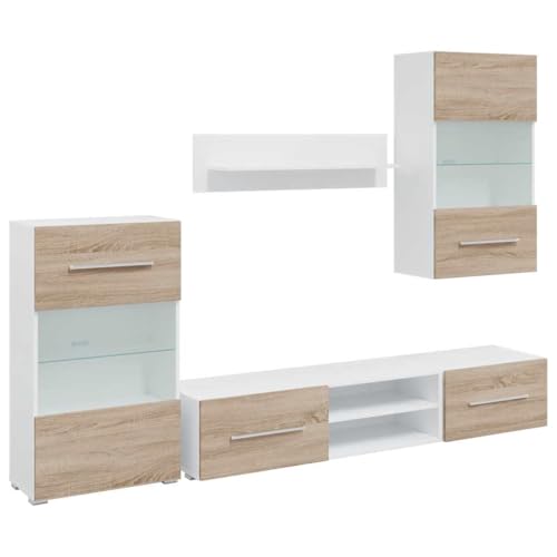QJBSAVVA Tv Unit Sideboard Tv Lowboard Tv Sideboard Wohnzimmer Fernsehunterschrank - 5-TLG. Wohnwand mit LED-Beleuchtung Sonoma-Eiche Holzwerkstoff für Küche Flur Wohnzimmer Schlafzimmer von QJBSAVVA