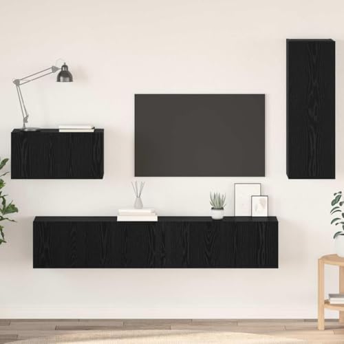 QJBSAVVA Wand TV Schrank mit Regalen aus hochwertigem Holz in Schwarz Eiche Rustikales Design mit viel Stauraum für Wohnzimmer von QJBSAVVA