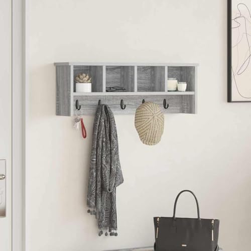 QJBSAVVA Wandmontierter Garderobenständer Grau Sonoma aus Holzwerkstoff - Modernes Design mit praktischen Haken und Regalen für Flur, Eingangsbereich und Wohnzimmer von QJBSAVVA