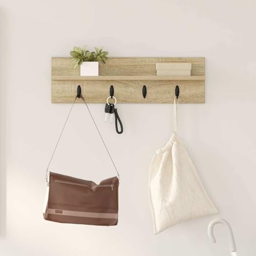 QJBSAVVA Wandmontierter Garderobenständer Sonoma Eiche Holzwerkstoff Modernes Design mit Metallhaken für Flur und Eingang von QJBSAVVA