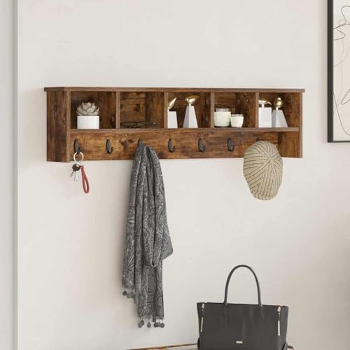 QJBSAVVA Wandmontierter Garderobenständer aus Holzwerkstoff Räuchereiche 100 cm Modernes Design mit Regalen und Haken für Flur, Eingangsbereich und Wohnzimmer von QJBSAVVA