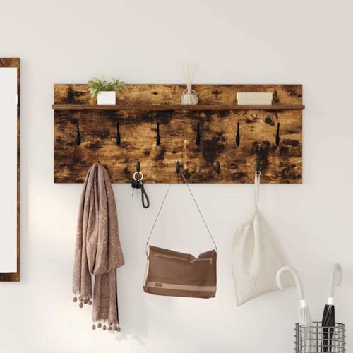 QJBSAVVA Wandmontierter Garderobenständer aus Holzwerkstoff in Räuchereiche 100 x 40 x 12 cm mit Regalen & Haken - Modernes Design für Flur, Eingangsbereich & Wohnzimmer von QJBSAVVA
