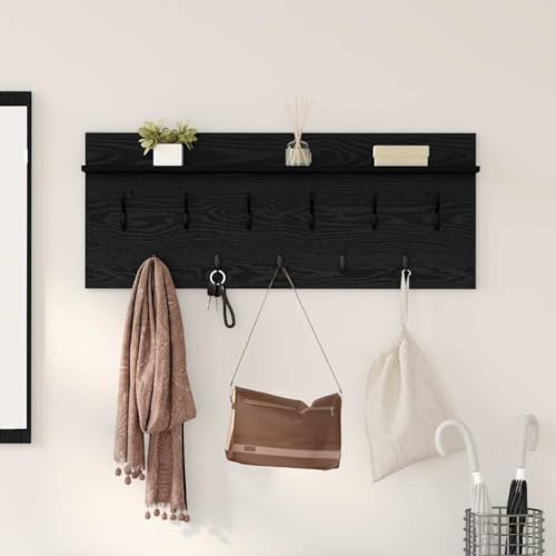 QJBSAVVA Wandmontierter Garderobenständer aus Holzwerkstoff in Schwarze Eiche, Modernes Design mit Regalen & Haken, Platzsparend für Flur, Eingangsbereich & Wohnzimmer von QJBSAVVA