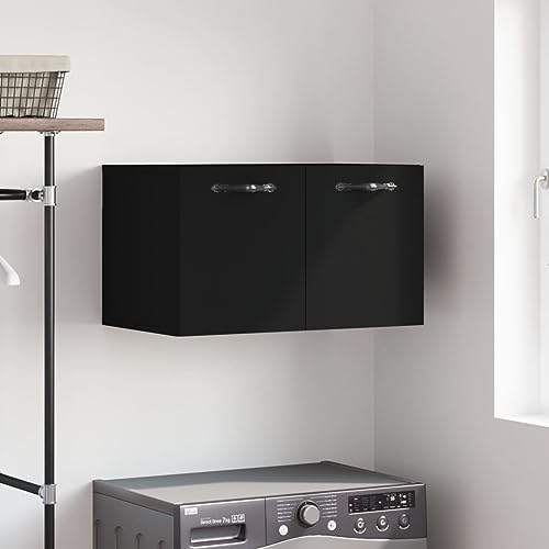QJBSAVVA Wandschrank Schwarz 60x36,5x35 cm Holzwerkstoff Moderner Hängeschrank mit Stauraum für Wohnzimmer Küche und Bad Praktischer Aufbewahrungsschrank für Deko Bücher und mehr von QJBSAVVA