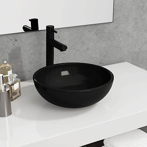 QJBSAVVA Waschbecken Schwarz 35 cm Durchmesser Überbauspüle aus Gehärtetem Glas 12 cm Höhe Modernes Design für Badezimmer Küche und Nasszelle von QJBSAVVA