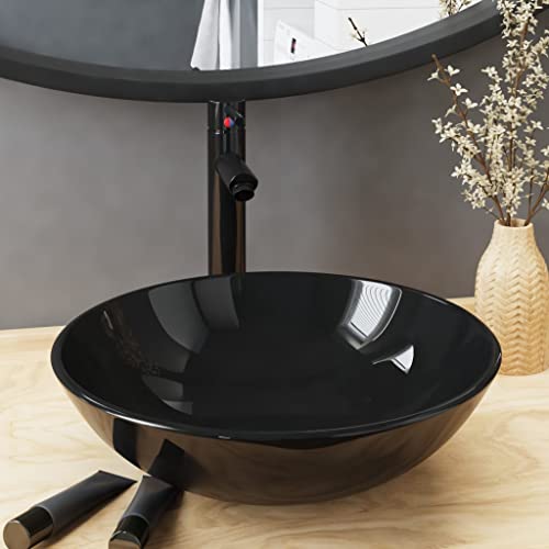 QJBSAVVA Waschbecken Schwarz mit Wasserhahn und Ablaufgarnitur aus gehärtetem Glas 42 cm Durchmesser für Badezimmer von QJBSAVVA