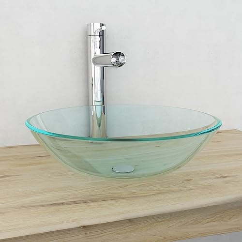 QJBSAVVA Waschbecken aus gehärtetem Glas 42 cm transparent Aufsatzwaschbecken für Waschtisch mit 4,5 cm Ablaufloch Robust und pflegeleicht für Bad Waschraum und Damentoilette von QJBSAVVA