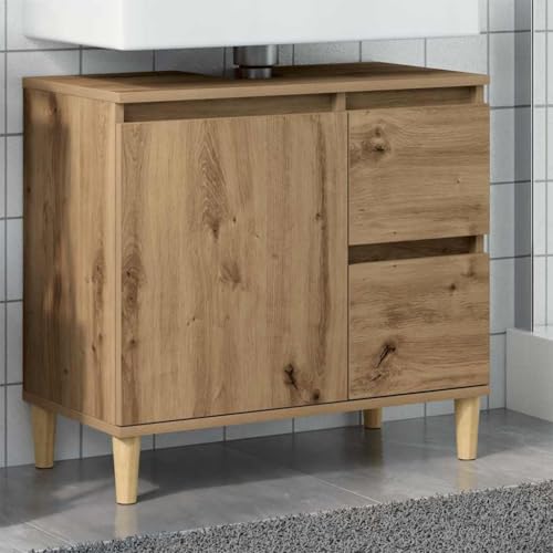 QJBSAVVA Waschbeckenunterschrank Artisan Eiche 65x33x60 cm Badezimmerschrank mit 2 Schubladen und Fach Holzwerkstoff Massivholz Eukalyptus Flexibles Design für Bad WC oder Gästezimmer von QJBSAVVA