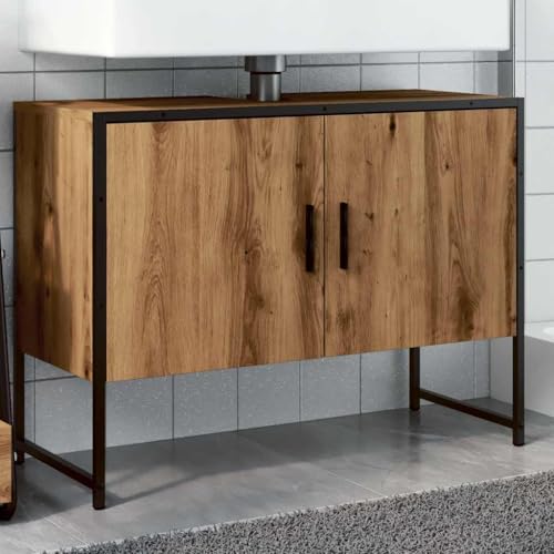 QJBSAVVA Waschbeckenunterschrank Artisan Eiche 80 x 33 x 60 cm Holzwerkstoff mit Stauraum für Badezimmer Modernes Design & Stabile Metallfüße von QJBSAVVA