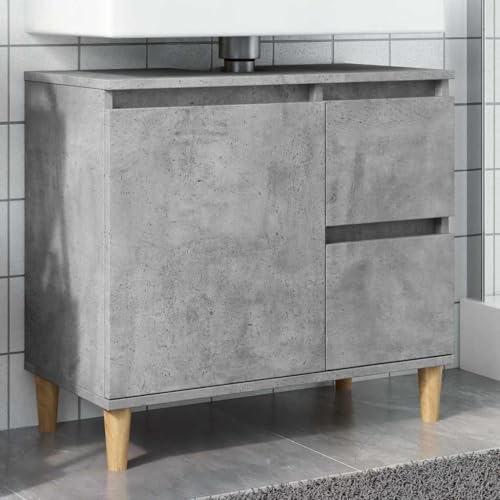 QJBSAVVA Waschbeckenunterschrank Betongrau 65x33x60 cm mit 2 Schubladen und Fach aus Holzwerkstoff & Massivholz Eukalyptus Flexibles Design für Badezimmer von QJBSAVVA
