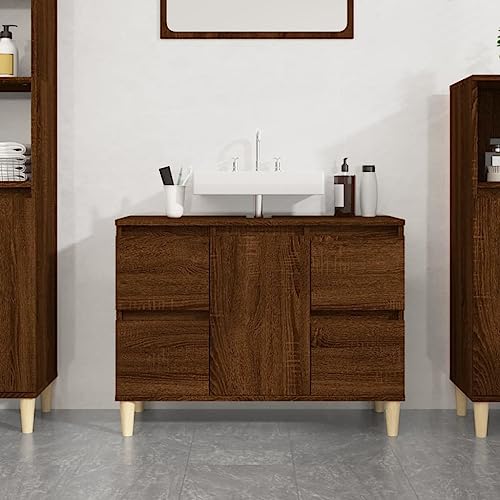 QJBSAVVA Waschbeckenunterschrank Braun Eichen Optik 80x33x60 cm mit 4 Schubladen und Fach Badschrank aus Holzwerkstoff für Stauraum und Stabilität im Badezimmer von QJBSAVVA