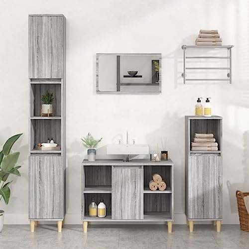 QJBSAVVA Waschbeckenunterschrank Grau Sonoma 80x33x60 cm aus Holzwerkstoff mit 5 Fächern und Eukalyptusbeinen Stauraum und Modernes Design für Badezimmer von QJBSAVVA