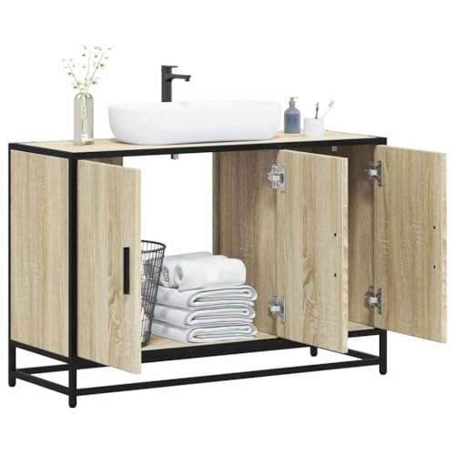 QJBSAVVA Waschbeckenunterschrank Sonoma Eiche 90x33x60 cm Retro Design Badschrank mit Metallrahmen Starker Stauraum für Badezimmer QJBSAVVA Waschbeckenunterschrank Sonoma Eiche 90x33x60 cm Retro Design Badschrank mit Metallrahmen Starker Stauraum für Badezimmer von QJBSAVVA