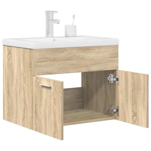 QJBSAVVA Waschbeckenunterschrank mit Einbaubecken und Wasserhahn 60 x 38,5 x 46 cm Sonoma Eiche Holzwerkstoff Stauraum & Modernes Design für Badezimmer von QJBSAVVA