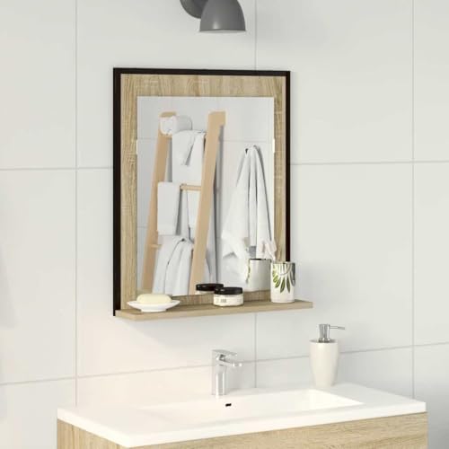 QJBSAVVA Waschtisch mit Spiegel und Regal Modernes Design in Hellbraun Rechteckiger Badezimmerschrank aus Holzwerkstoff Texturierte Oberfläche Einfache Montage für Bad und WC von QJBSAVVA