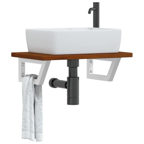 QJBSAVVA Waschtischplatte aus massiver Eiche mit Stahlhalterung 60 x 40 x 2 5 cm Schwebendes Design Robust & Platzsparend für Badezimmer und WC von QJBSAVVA