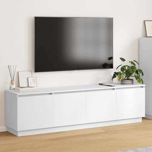 QJBSAVVA Weißer TV-Schrank mit Blauer LED-Beleuchtung 180x38x49 cm MDF Lowboard Modernes Design 4 Schiebetüren für Wohnzimmer Stauraum von QJBSAVVA
