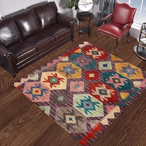 QJDTZMD Teppich Flur 130 x 160 cm Teppich Weich rutschfest Langer Läufer Waschbar Kurzflor Küchenläufer Pflegeleicht für Schlafzimmer Geometrischer ethnischer Stil rot blau von QJDTZMD