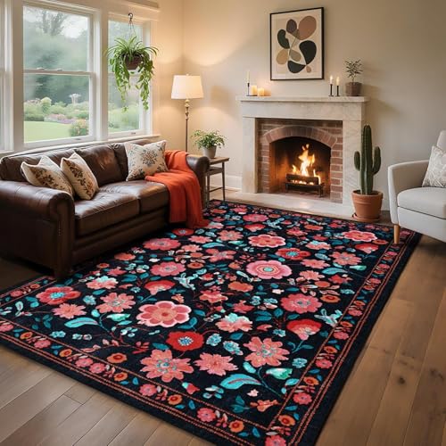 QJDTZMD Teppich Flur 130 x 160 cm Teppich Weich rutschfest Langer Läufer Waschbar Kurzflor Küchenläufer Pflegeleicht für Schlafzimmer Moderne Retro Blumen schwarz rosa blau von QJDTZMD