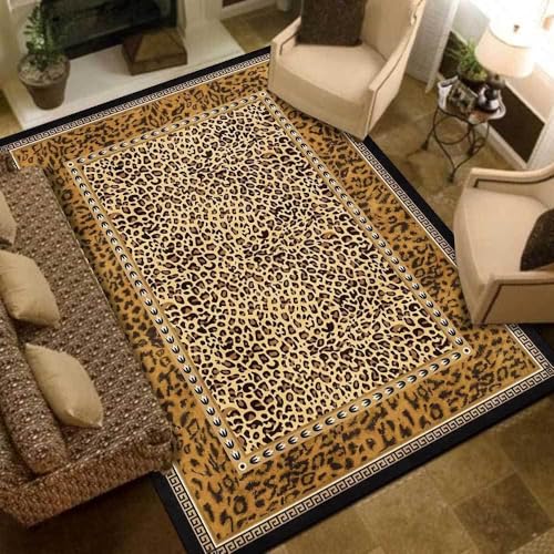 QJDTZMD Teppich Flur 130 x 160 cm Teppich Weich rutschfest Langer Läufer Waschbar Kurzflor Küchenläufer Pflegeleicht für Schlafzimmer Moderne abstrakte Leoparden gelb braun von QJDTZMD