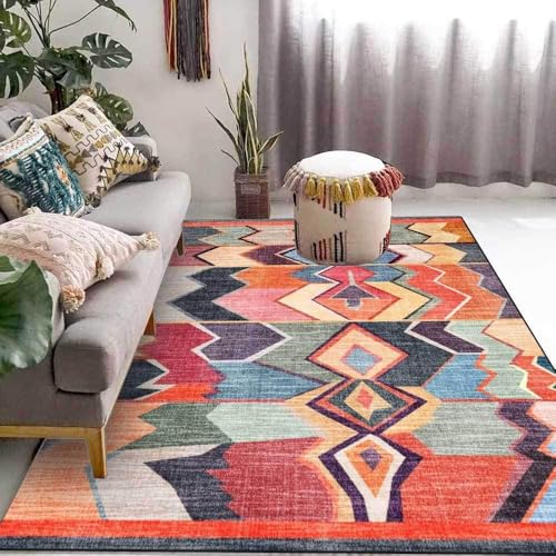 QJDTZMD Teppich Flur 130 x 160 cm Teppich Weich rutschfest Langer Läufer Waschbar Kurzflor Küchenläufer Pflegeleicht für Schlafzimmer Moderne abstrakte geometrische rot blau von QJDTZMD