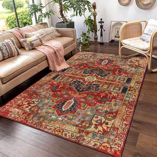 QJDTZMD Teppich Flur Eingangsbereich 70 x 140 cm Anti-Rutsch Unterseite Waschbarer Kurzflor Teppich für küchen Schlafzimmer Esszimmer Bettvorleger Geometrischer ethnischer Stil rot und gelb von QJDTZMD