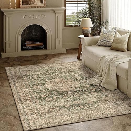 QJDTZMD Teppich Flur Eingangsbereich 70 x 140 cm Anti-Rutsch Unterseite Waschbarer Kurzflor Teppich für küchen Schlafzimmer Esszimmer Bettvorleger Retro Ethno-Stil Blumen grün gelb von QJDTZMD
