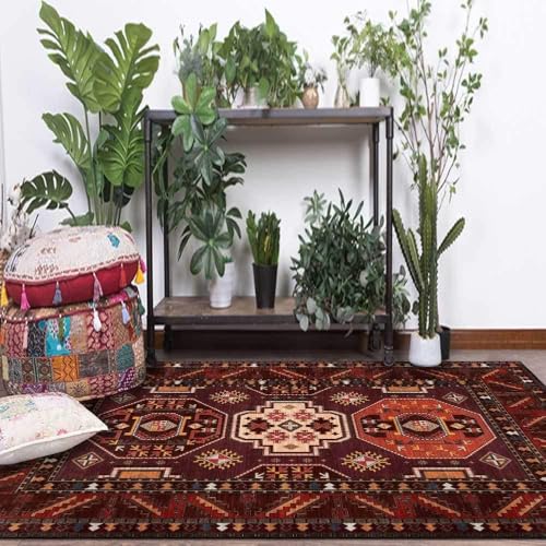 QJDTZMD Teppich Flur Eingangsbereich 70 x 140 cm Anti-Rutsch Unterseite Waschbarer Kurzflor Teppich für küchen Schlafzimmer Esszimmer Bettvorleger Retro geometrischen ethnischen Stil rot von QJDTZMD