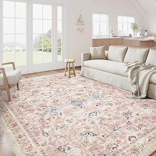 QJDTZMD Teppich für Wohnzimmer 200 x 300 cm Waschbar Anti-Rutsch Matte Extra Große Moderne Teppich für Esszimmer Schlafzimmer Moderne Blumen rosa blau von QJDTZMD