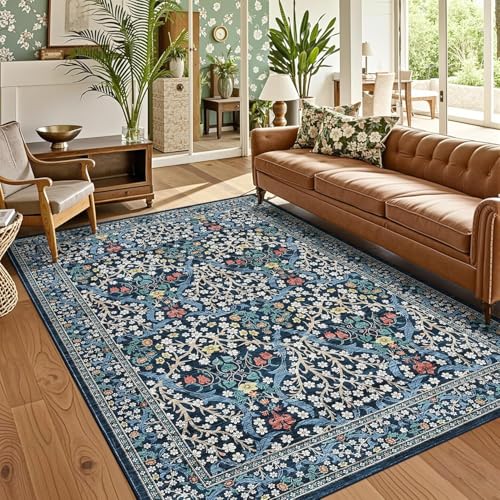 QJDTZMD Teppich für Wohnzimmer 200 x 300 cm Waschbar Anti-Rutsch Matte Extra Große Moderne Teppich für Esszimmer Schlafzimmer Retro Blumen Blau Rot von QJDTZMD